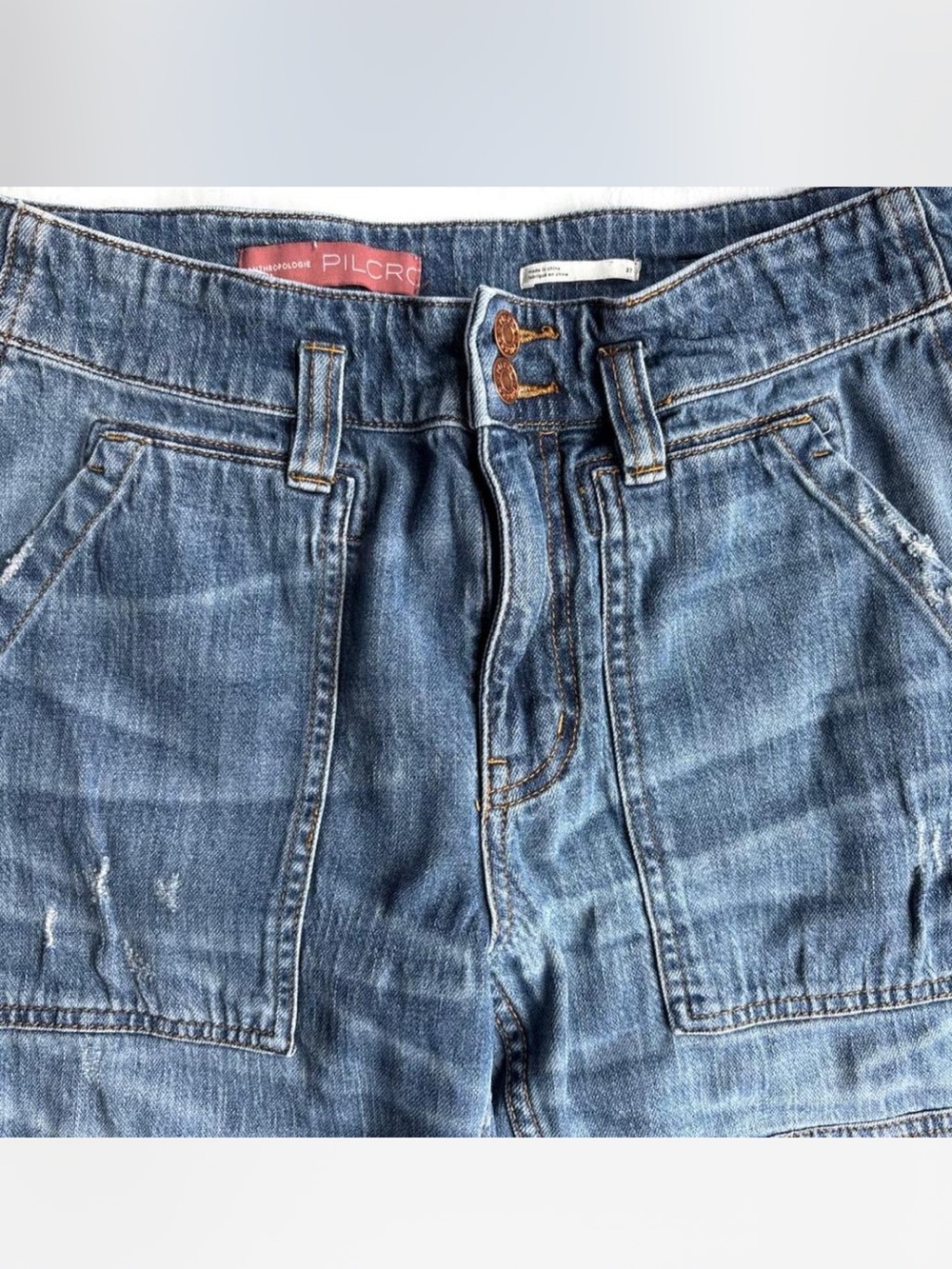Anthropologie Pilcro Distressed Double Knee Patchwork Utility Jeans 27 EUC - Picture 3 of 5